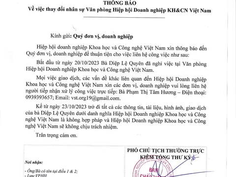 Thông báo: Về việc thay đổi nhân sự Văn phòng Hiệp hội Doanh nghiệp KH&CN Việt Nam